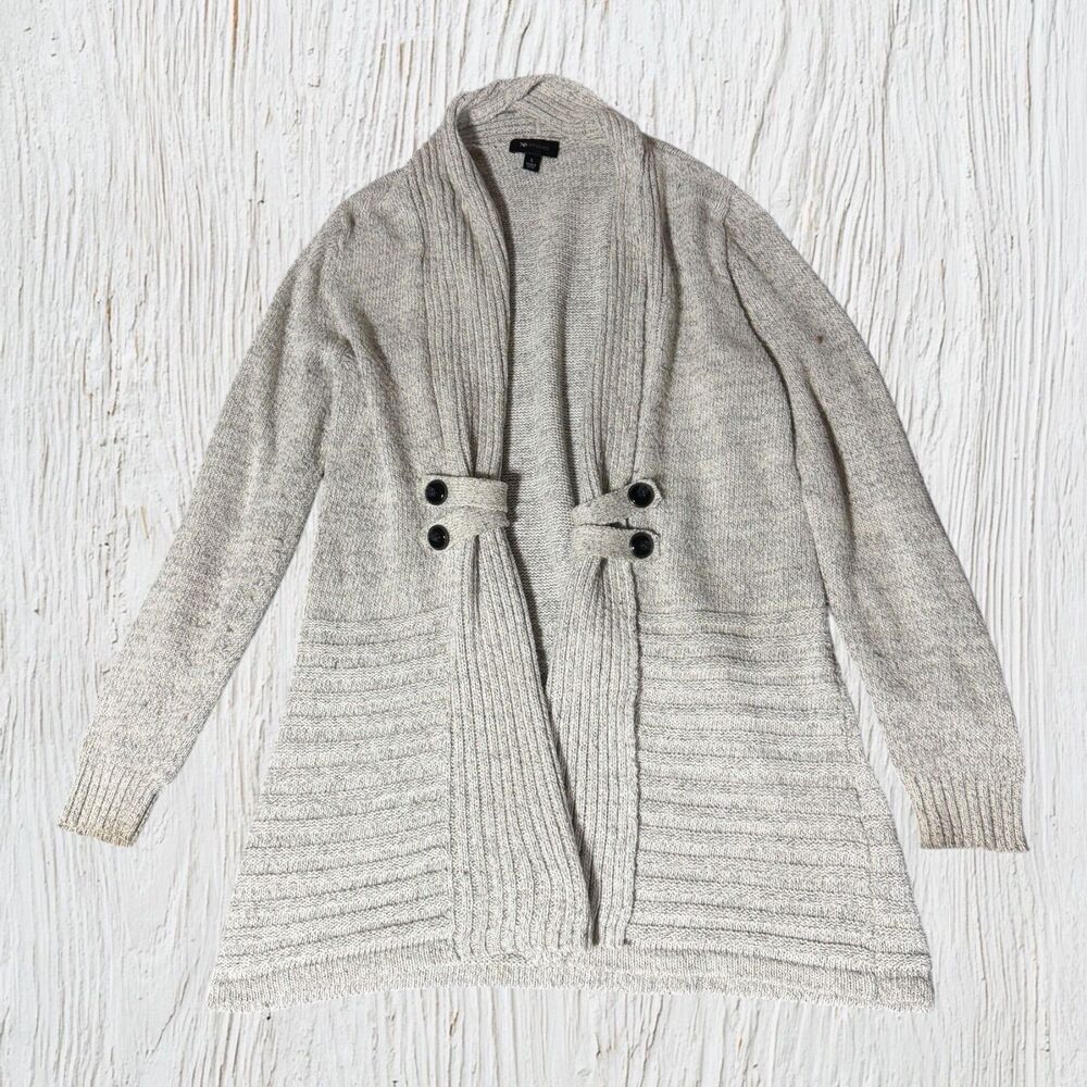 AB Studio - Women's Light Grey Textured Knit Open-Front Cardigan - Size L